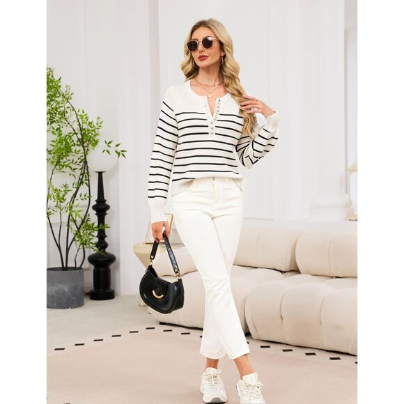 Women's Color Block Striped Sweater Button Up Crewneck Knit Top Small - Picture 4 of 7